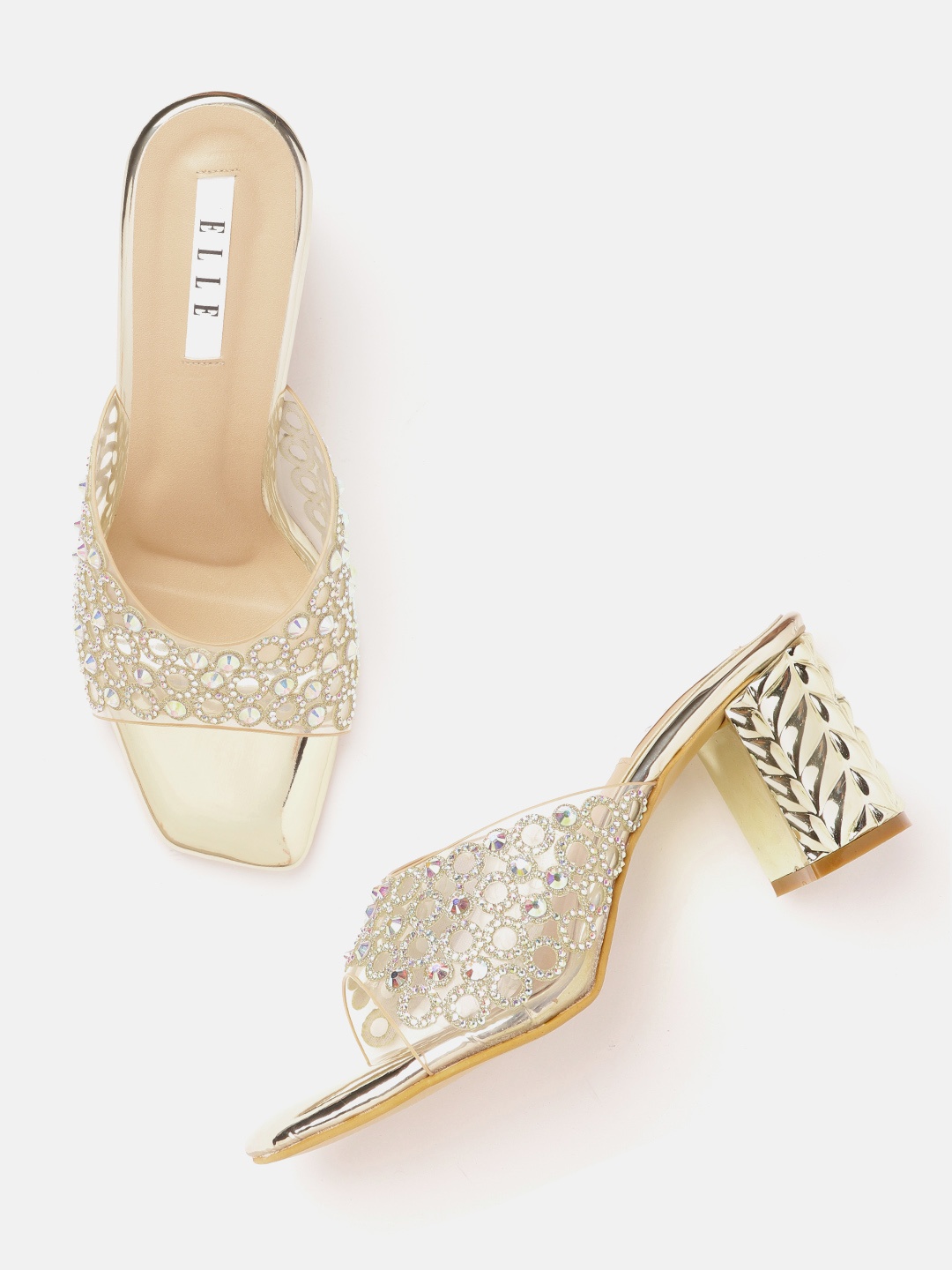 

ELLE Women Transparent & Gold-Toned Embellished Ethnic Block Heel Sandals