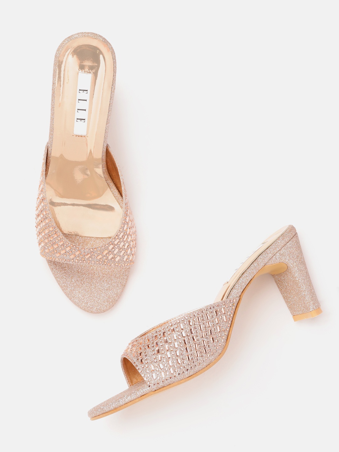 

ELLE Women Rose Gold Embellished Ethnic Block Heel Sandals