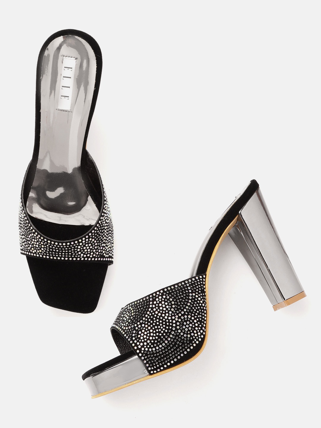 

ELLE Women Black Embellished Party Block Heel Sandals