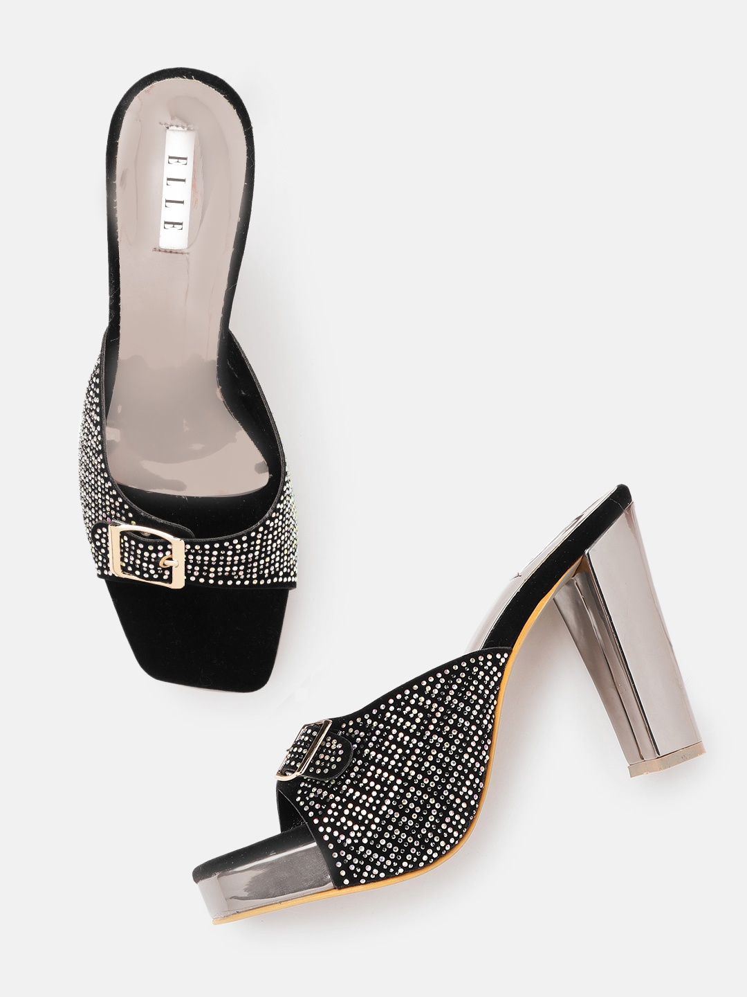 

ELLE Women Black & Silver-Toned Embellished Party Block Heel Sandals