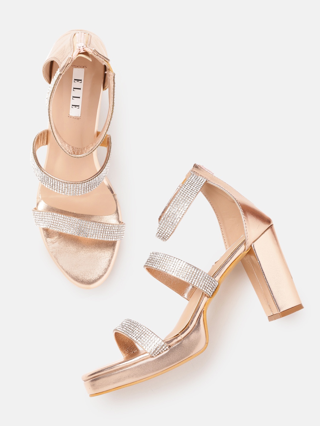 

ELLE Women Rose Gold & Silver-Toned Embellished Party Block Heel Sandals