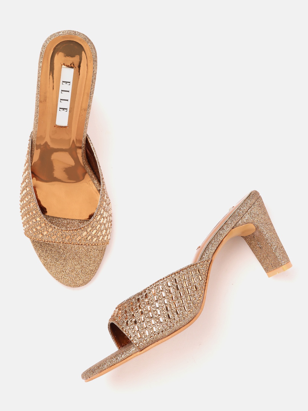 

ELLE Women Gold-Toned Embellished Ethnic Block Heel Sandals