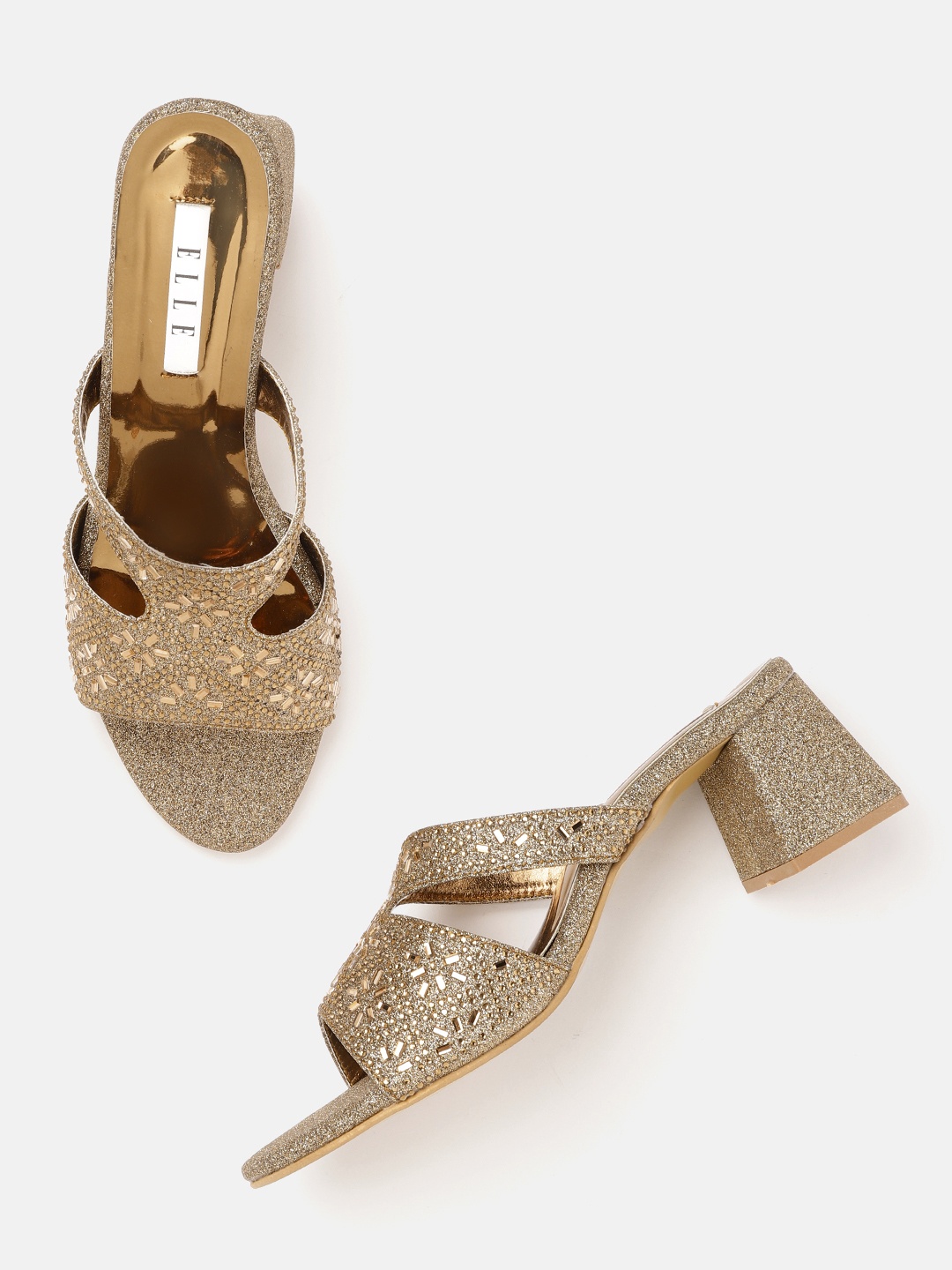 

ELLE Copper-Toned Embellished Ethnic Block Heels