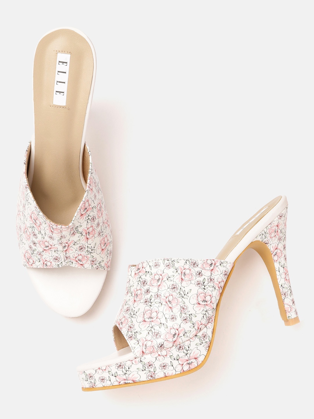 

ELLE Women White & Pink Floral Print Stiletto Heel Sandals