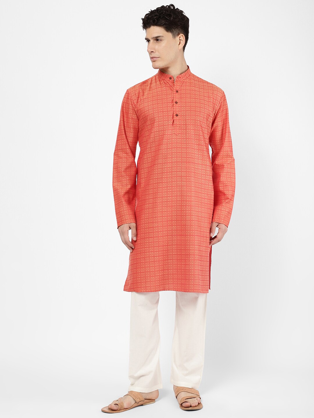 

R&B Men Checked Mandarin Collar Kurta, Orange