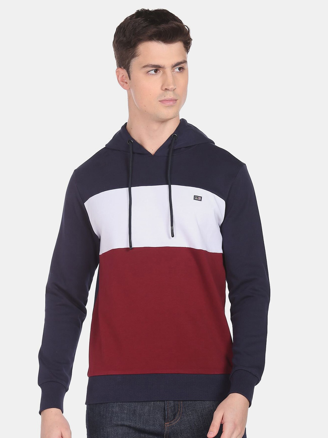 

Arrow Sport Men Navy Blue & Maroon Colourblocked Hooded Sweatshirt