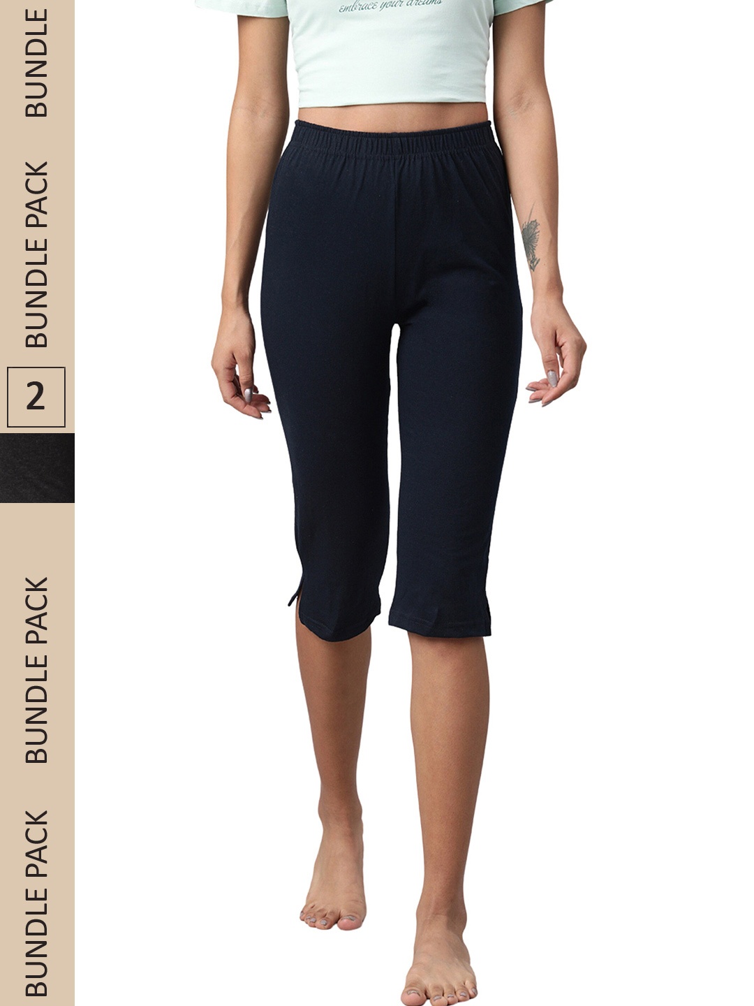 

NOT YET by us Women Pack Of 2 Navy Blue Cotton Capris