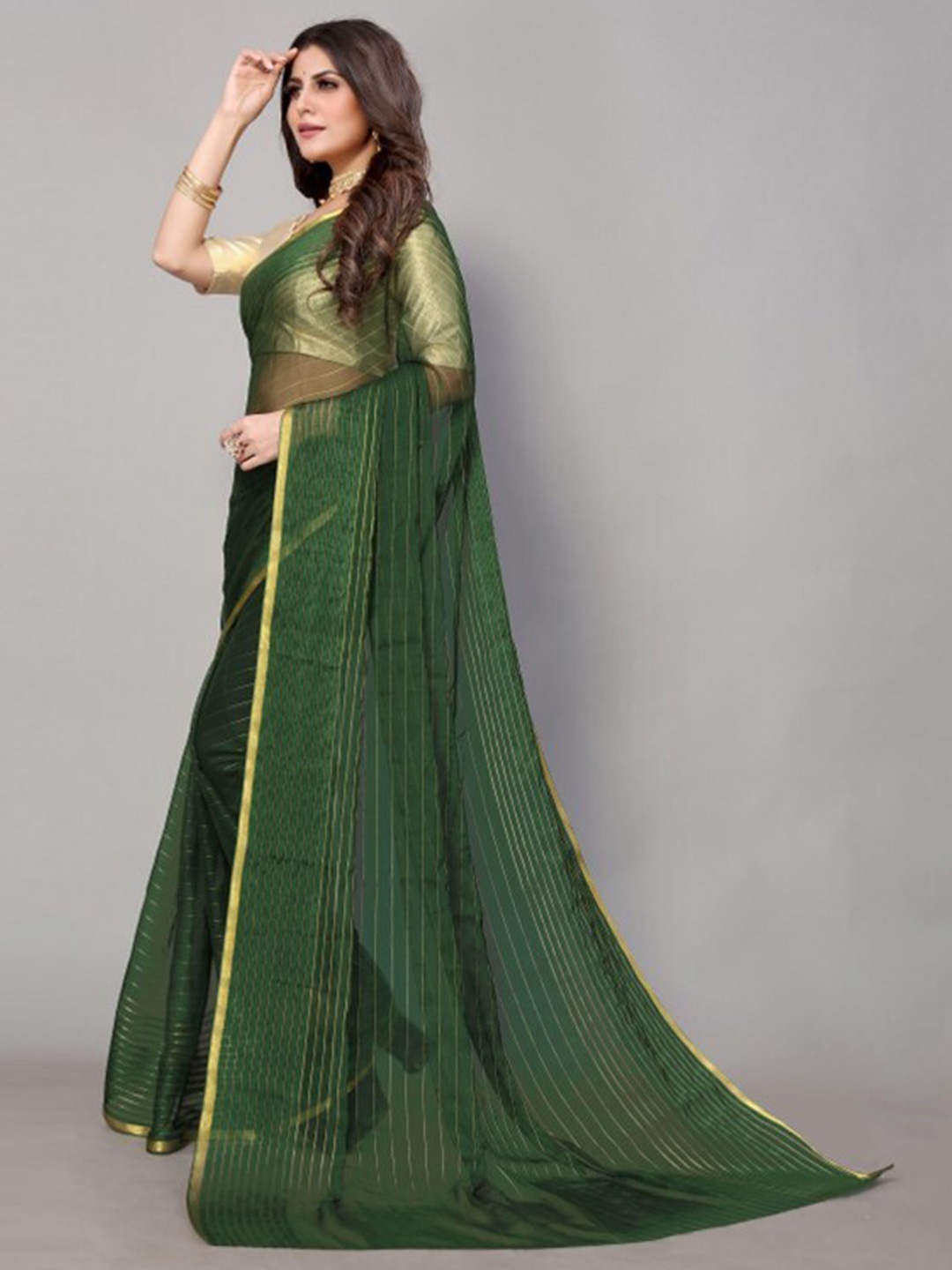 

Yashika Green & Gold-Toned Striped Zari Border Saree with Blouse Piece