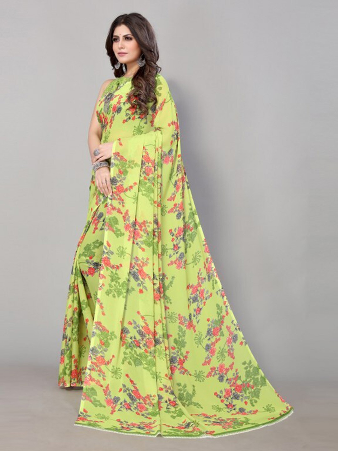 

Yashika Green & Pink Floral Printed Saree