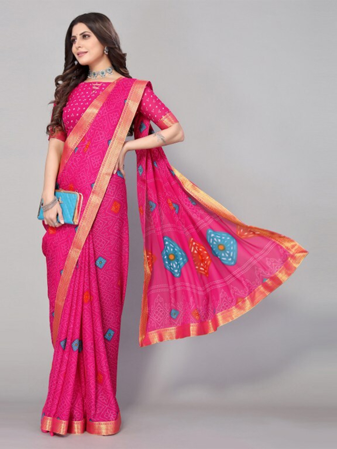 

Yashika Pink & Gold-Toned Bandhani Printed Saree