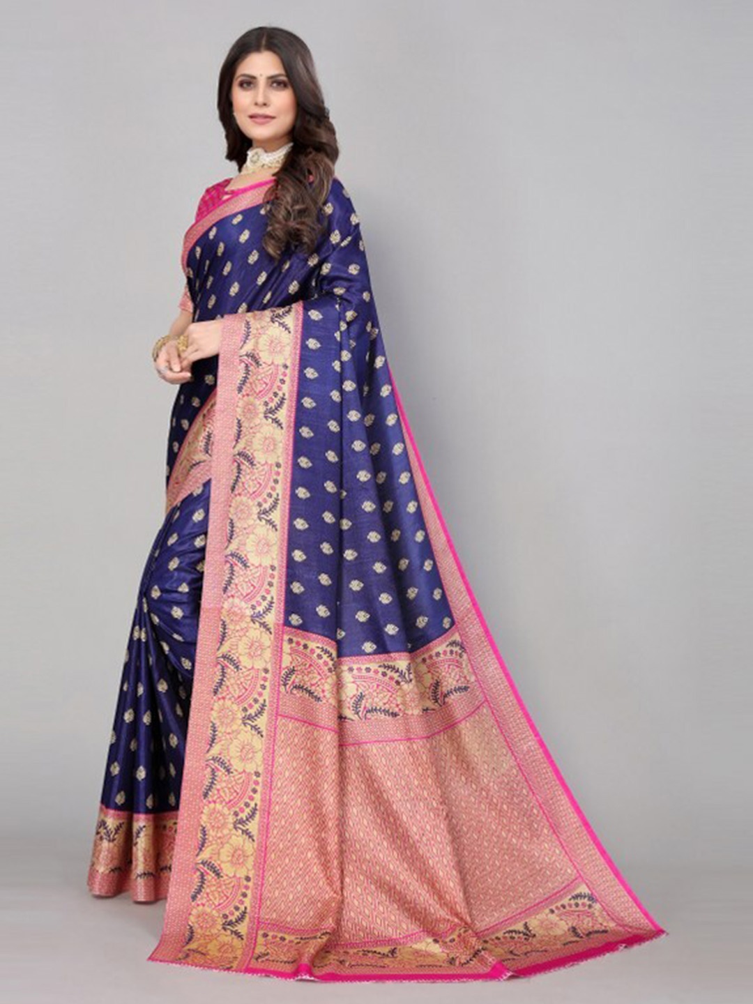 

Yashika Navy Blue & Pink Woven Design Art Silk Zari Saree