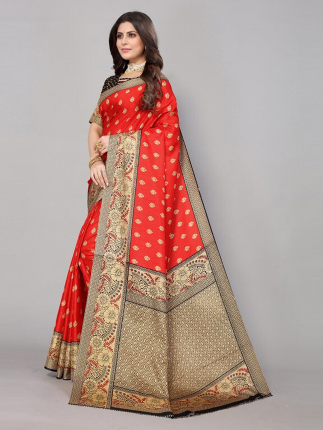 

Yashika Red & Black Floral Woven Design Art Silk Zari Saree