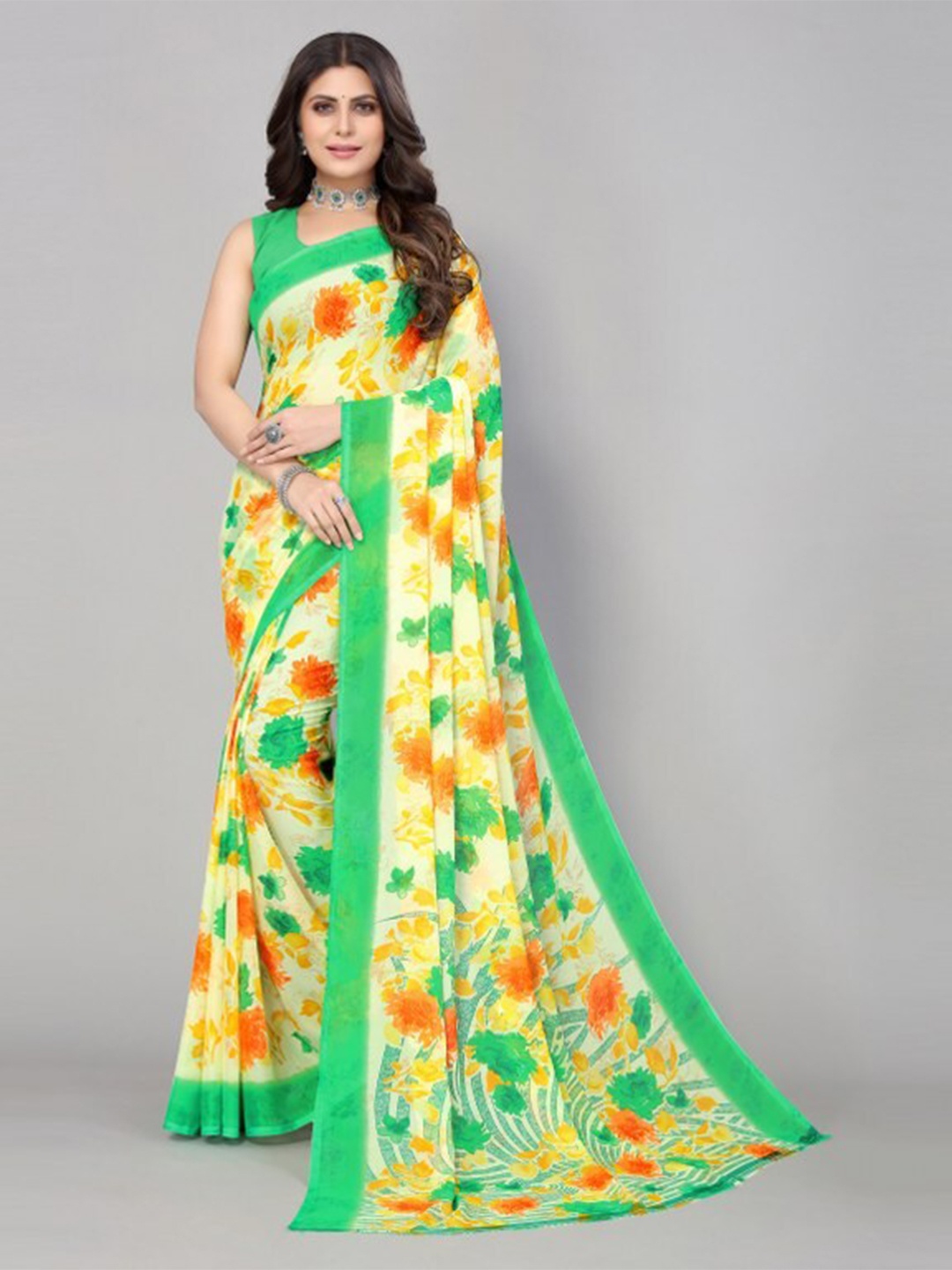 

Yashika Yellow & Green Floral Printed Fusion Saree