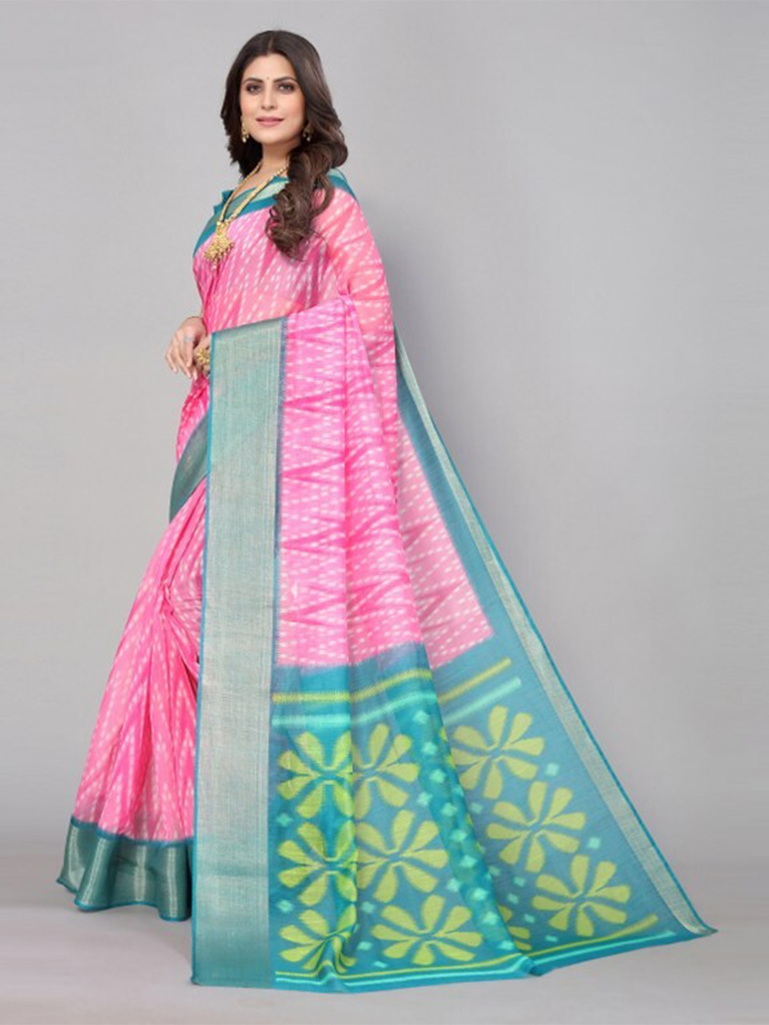 

Yashika Pink & Blue Geometric Printed Linen Blend Zari Saree