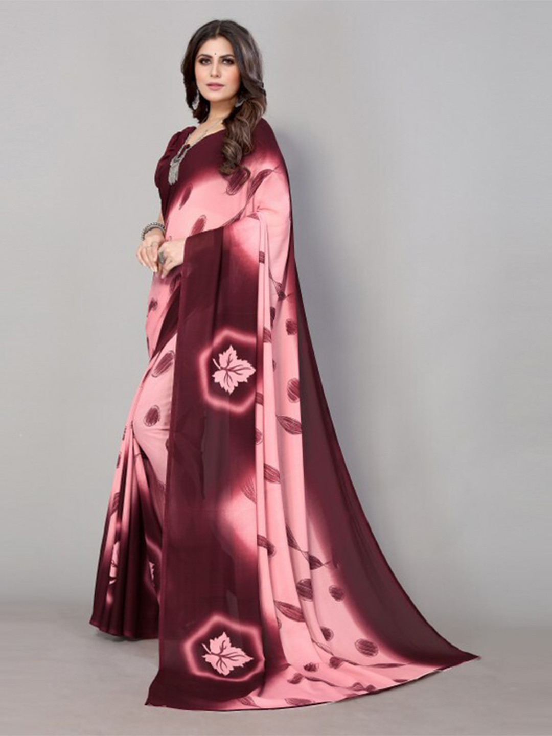 

Yashika Maroon & Peach-Coloured Floral Printed Saree