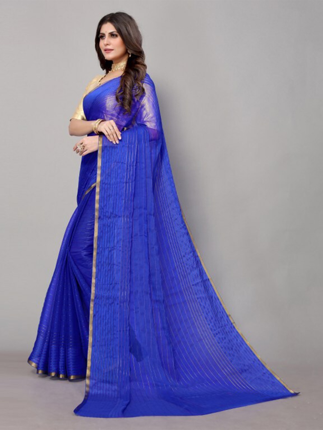

Yashika Blue & Gold-Toned Woven Design Striped Zari Saree