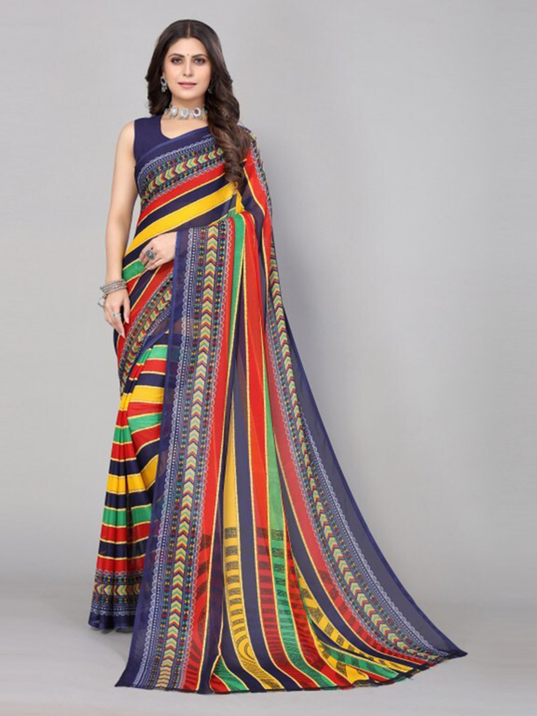 

Yashika Red & Navy Blue Striped Saree