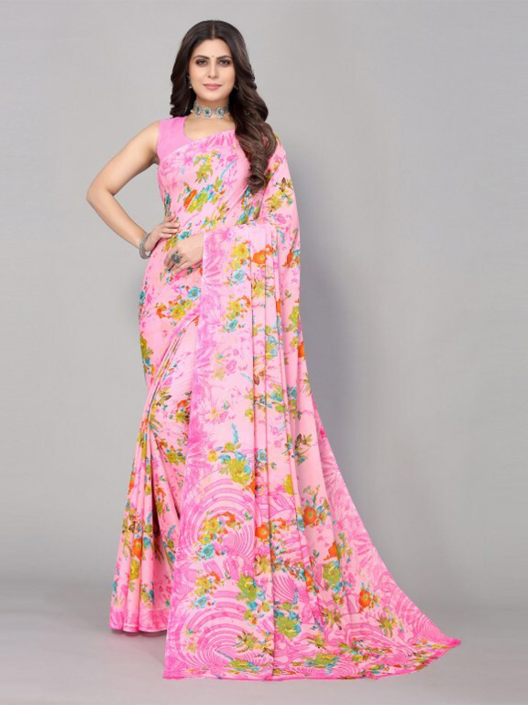 

Yashika Pink & Green Floral Printed Saree