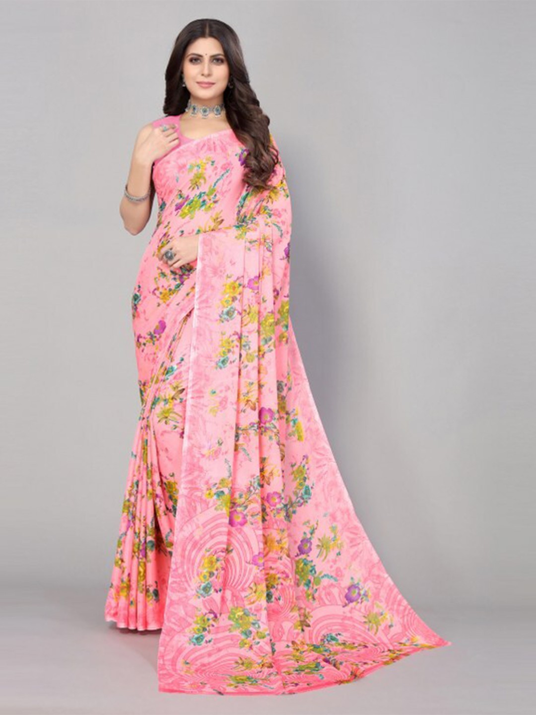 

Yashika Pink & Green Floral Printed Saree