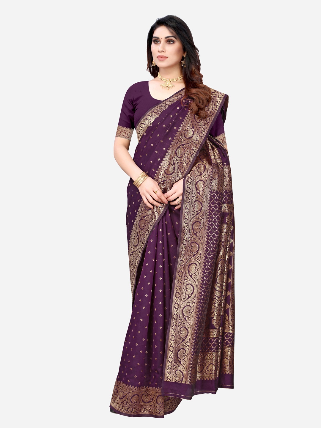 

SIRIL Purple & Gold-Toned Woven Design Zari Banarasi Saree