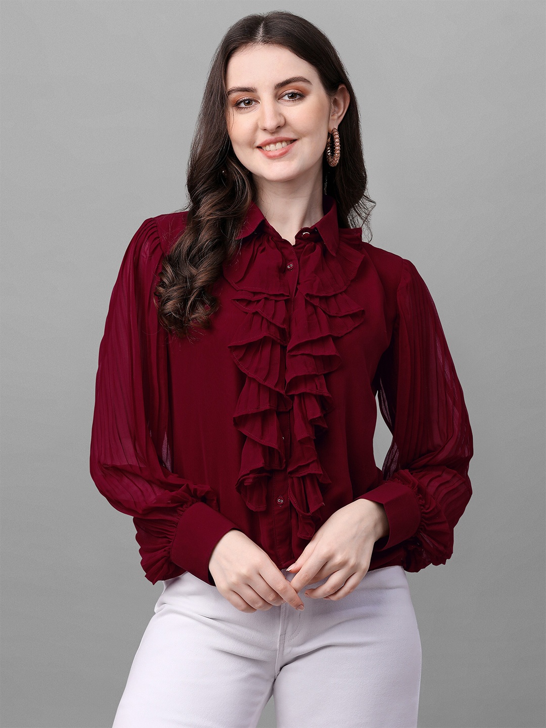 

Urban Luxe Women Maroon Georgette Shirt Style Top