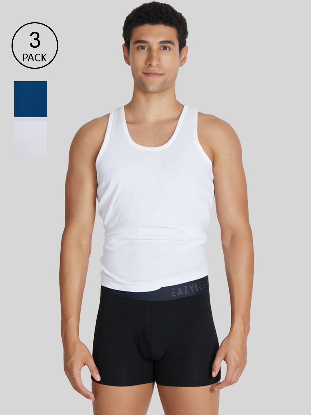 

Eazybee Men Blue & White Pack Of 3 Solid Trunks, Black