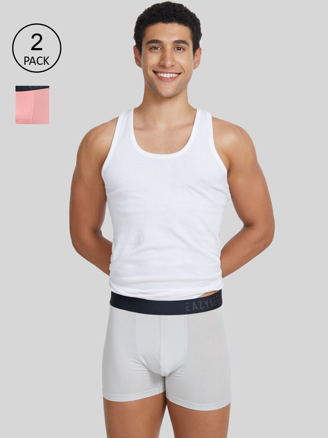 

Eazybee Men Pack Of 2 Grey & Pink Solid Trunks