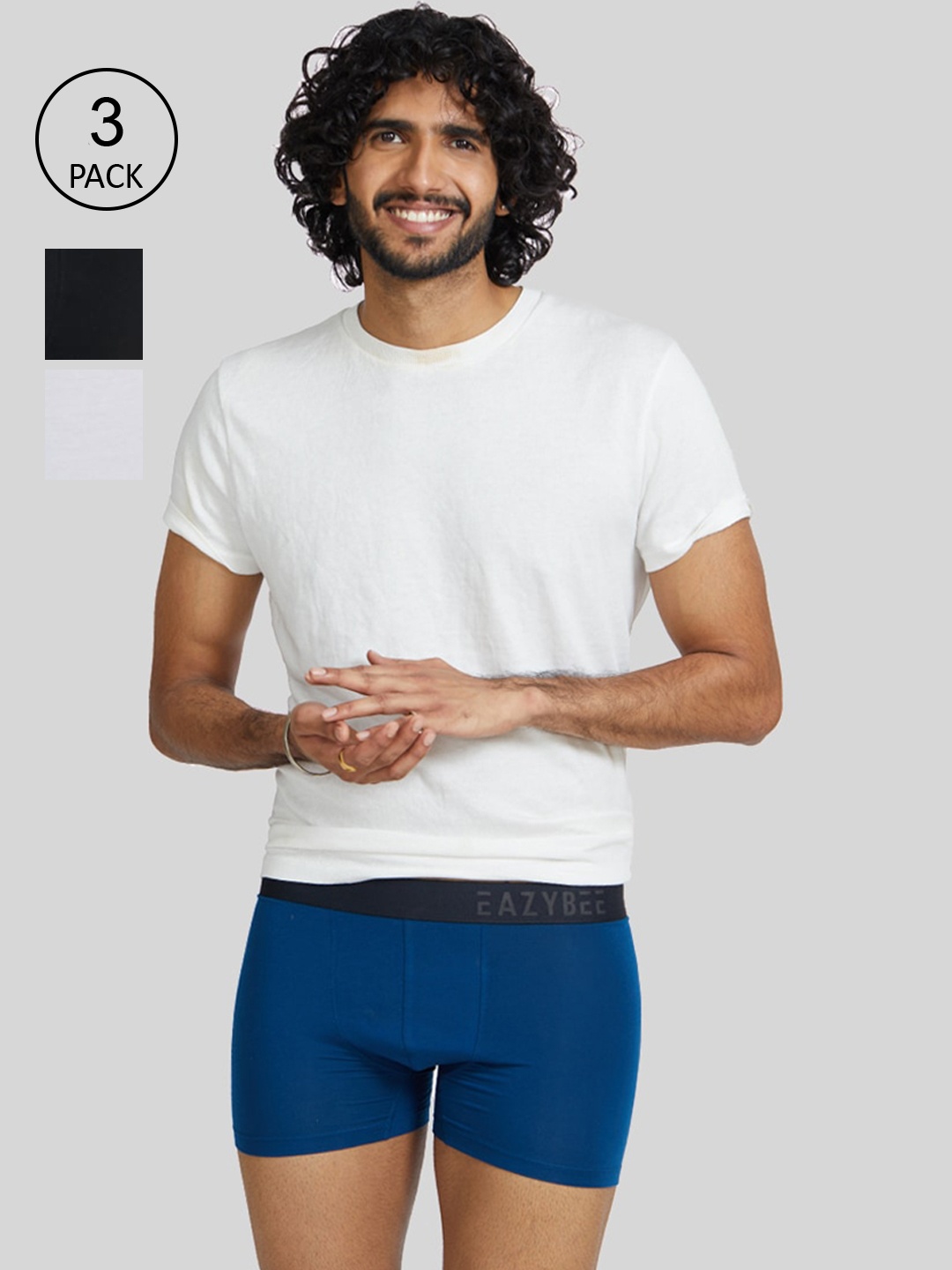 

Eazybee Men Blue & Black Pack Of 3 Solid Trunks, White