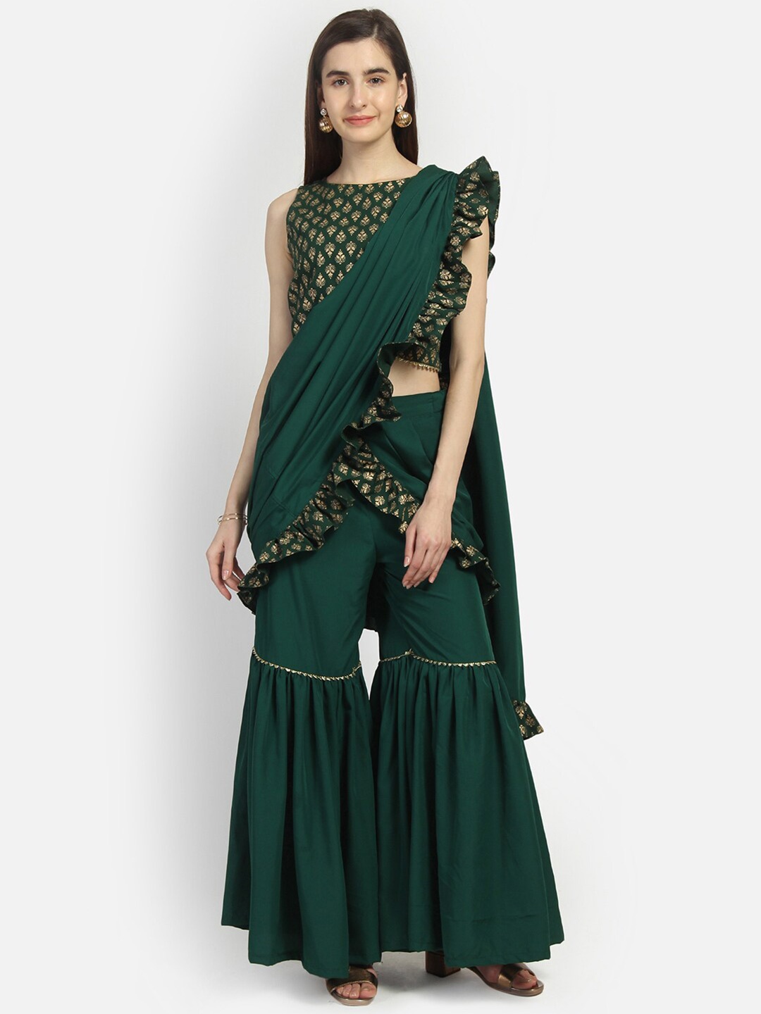 

studio rasa Green & Gold-Toned Block Print Saree