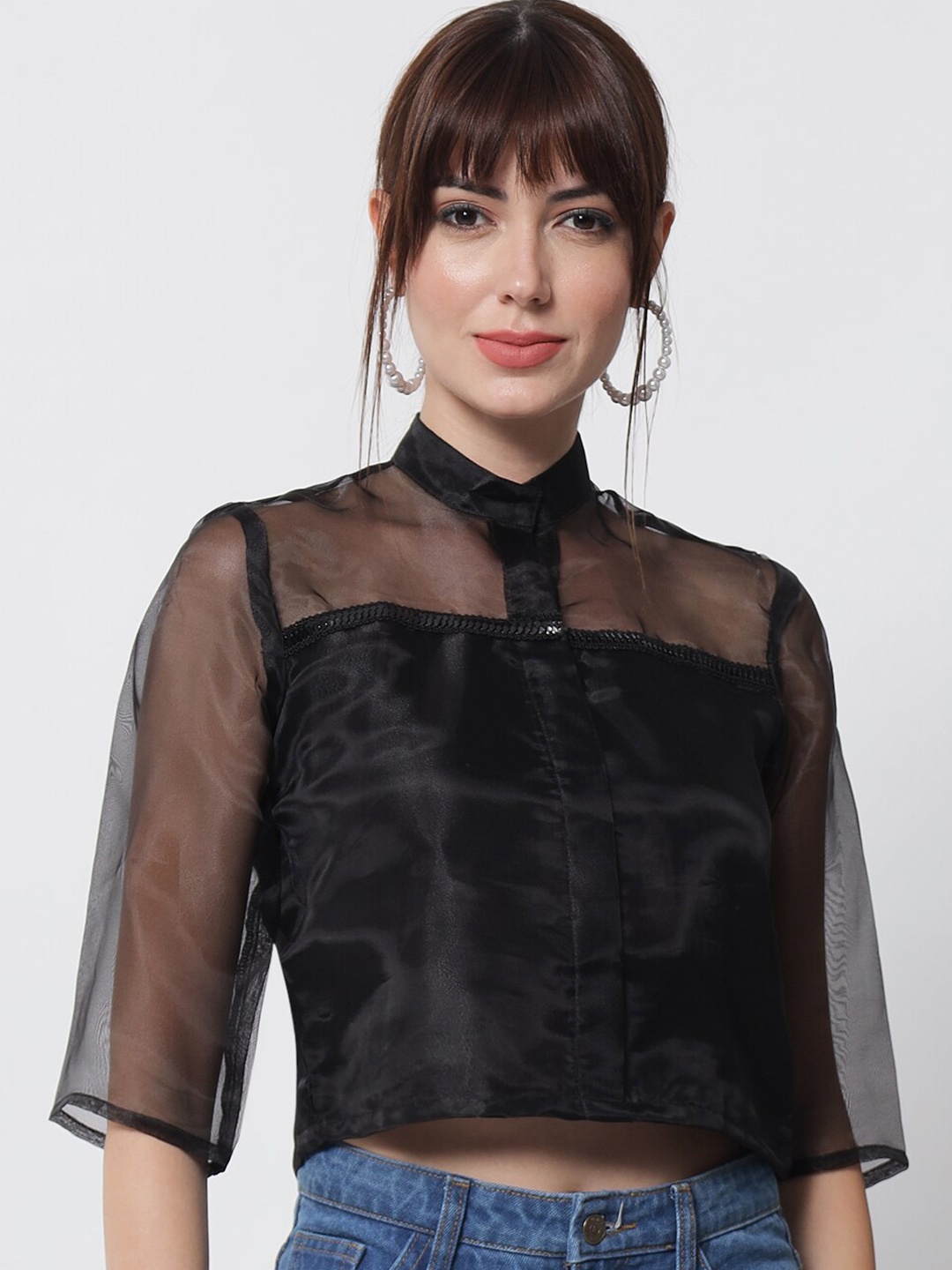 

studio rasa Black Mandarin Collar Crop Top