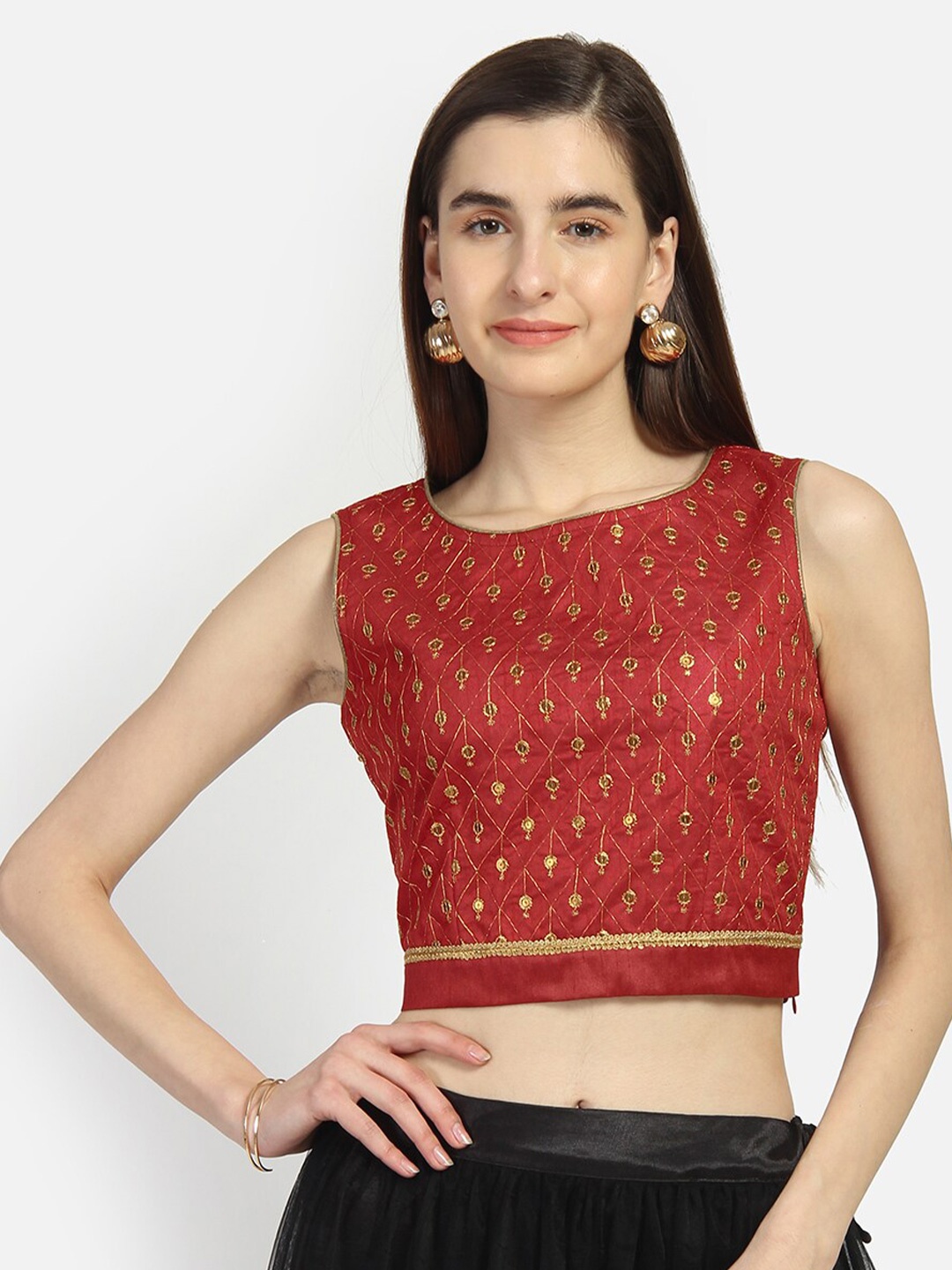 

studio rasa Maroon Embroidered Crop Top