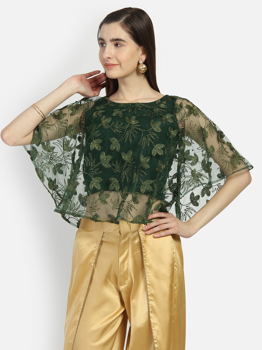 

studio rasa Green Floral Print Net Top