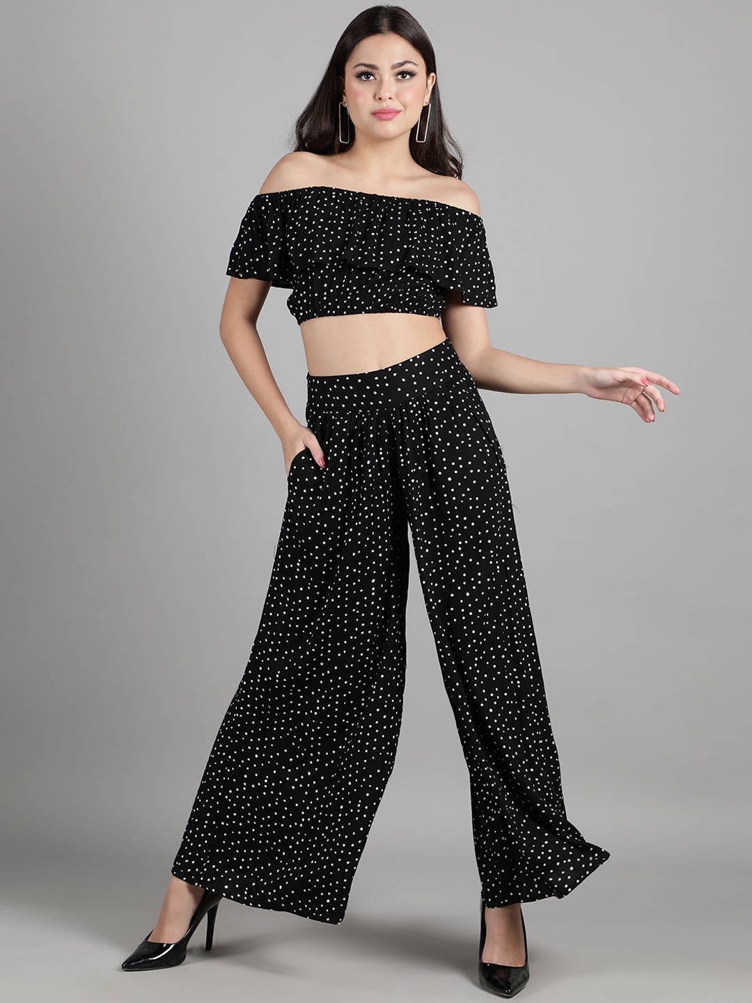 

DEBONATELLA Women Black & White Polka Dots Printed Crop Top & Trouser