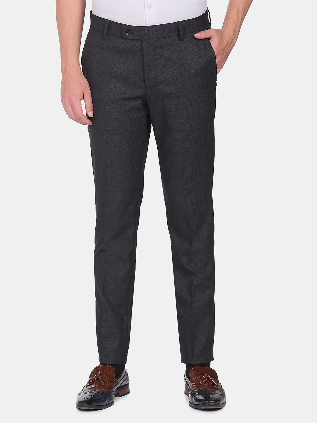 

Arrow Men Charcoal Checked Mid-Rise Formal Trousers