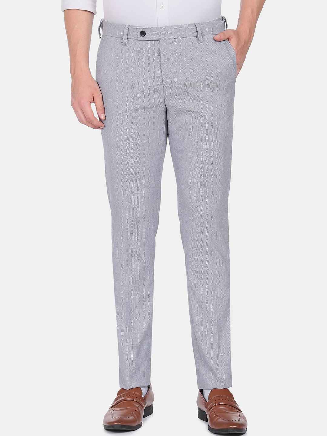 

Arrow Men Grey Self Design Autoflex Tailored Formal Trousers