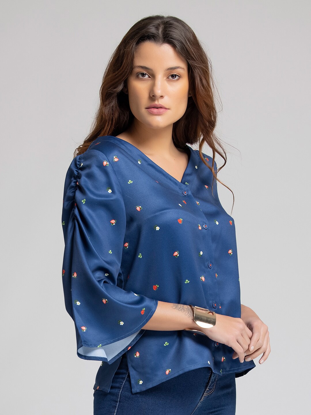 

SHAYE Women Comfort Boxy Printed Casual Shirt, Navy blue