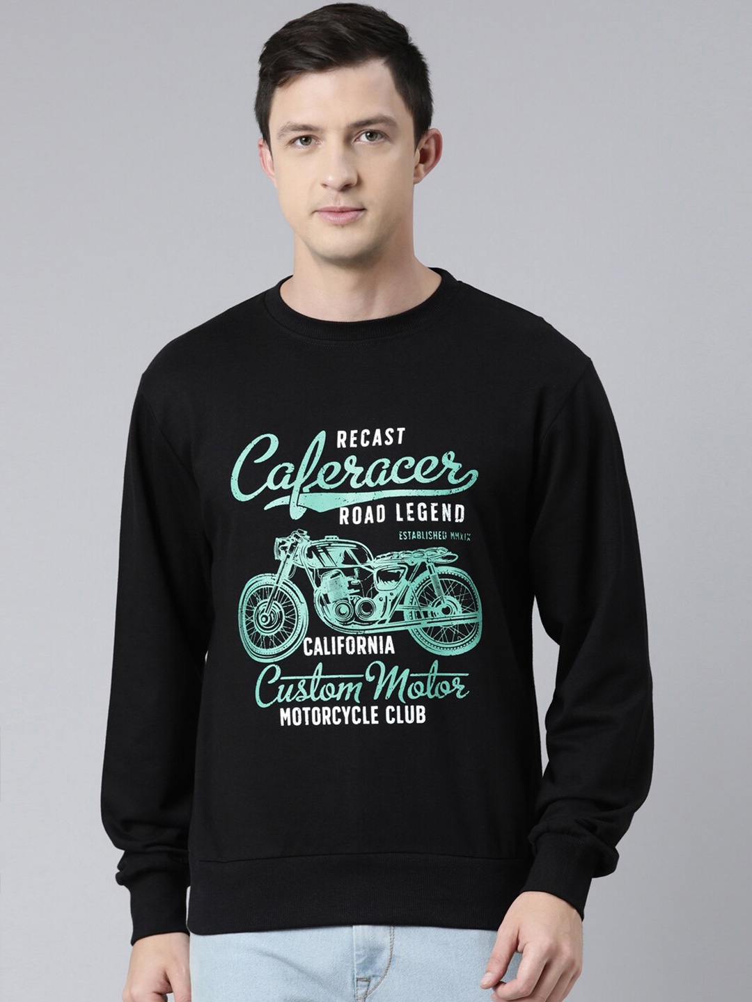

recast Men Black Graphic Printed Round Neck Cotton Pullover Sweatshirt