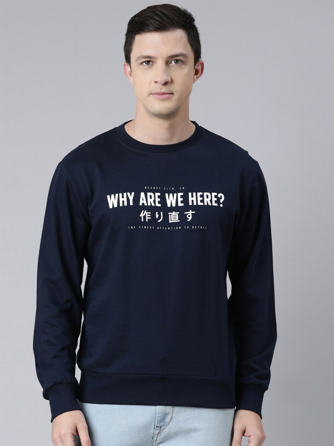

recast Men Navy Blue Typography Printed Round Neck Cotton Pullover Sweatshirt