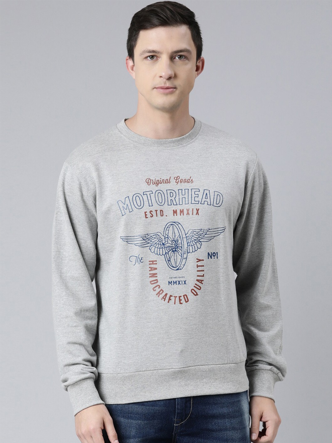 

recast Men Grey Printed Round Neck Cotton Pullover Sweatshirt