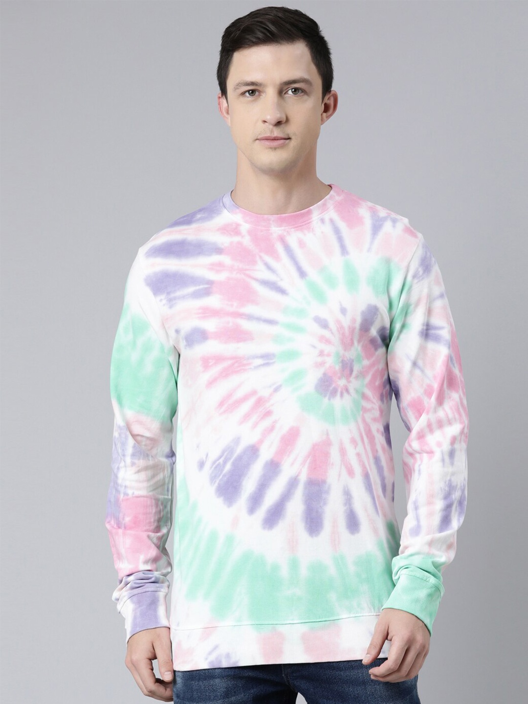 

recast Men Pink & Green Printed Round Neck Pure Cotton Pullover Sweatshirt