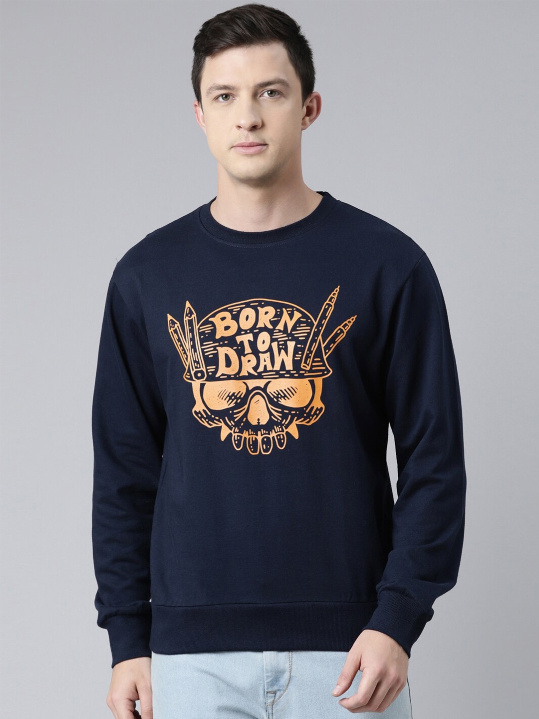 

recast Men Navy Blue Printed Round Neck Cotton Pullover Sweatshirt