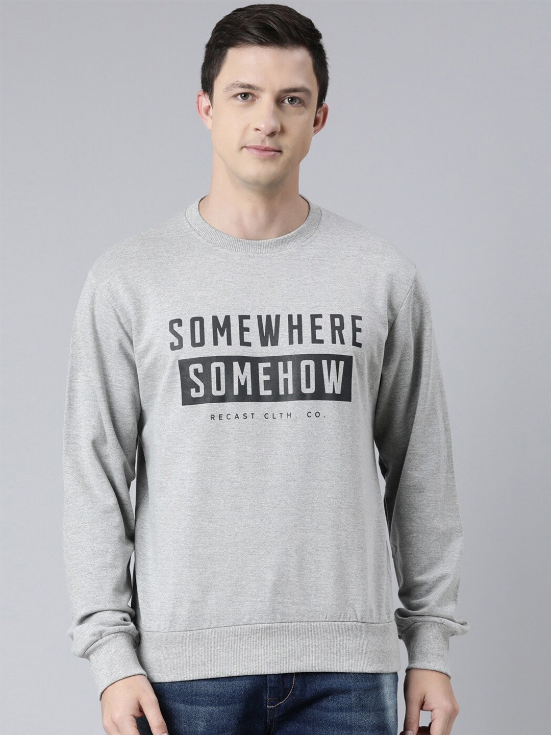 

recast Men Grey Printed Round Neck Cotton Pullover Sweatshirt