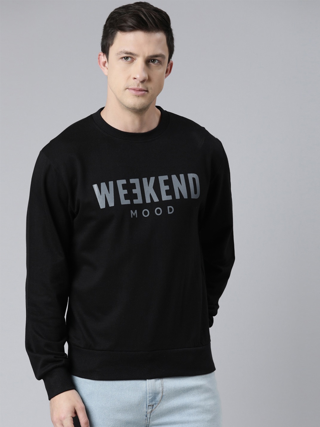 

recast Men Black Typography Printed Round Neck Cotton Pullover Sweatshirt