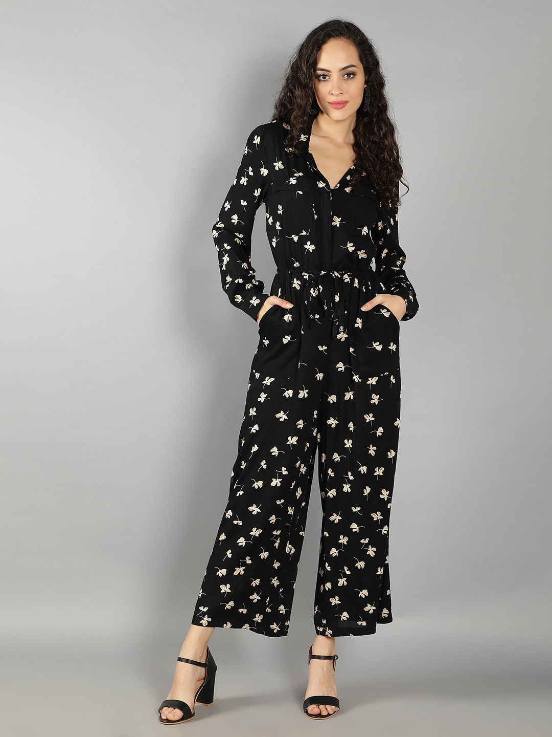 

DEBONATELLA Women Black & Beige Floral Printed Basic Jumpsuit