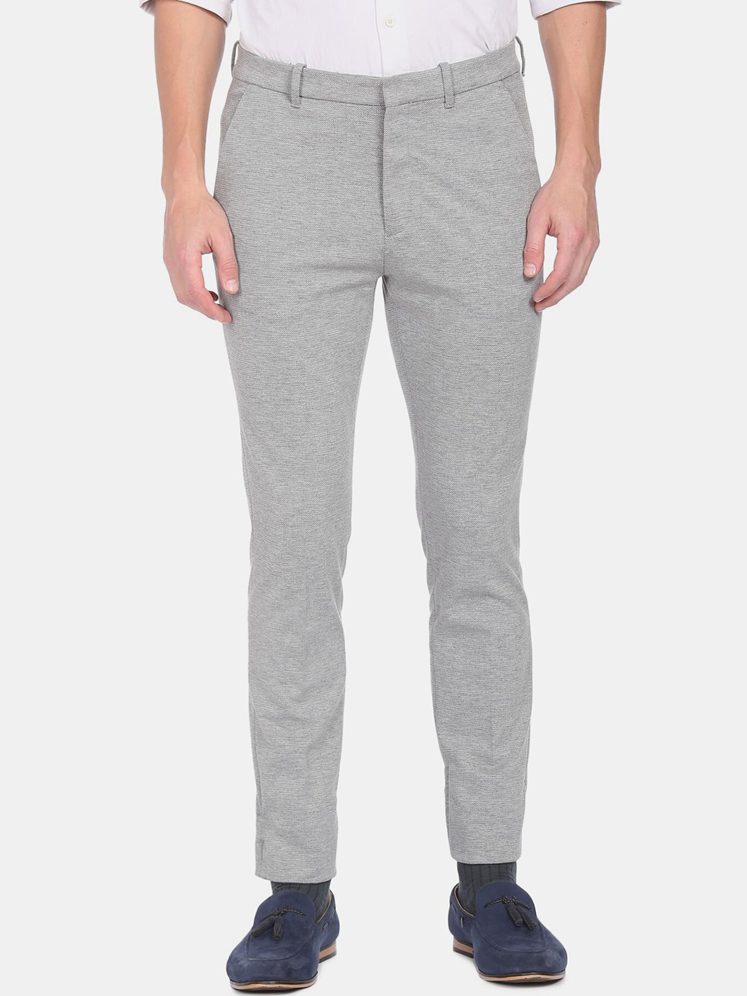 

Arrow New York Men Self Design Autoflex Jackson Super Slim Fit Formal Trousers, Grey melange