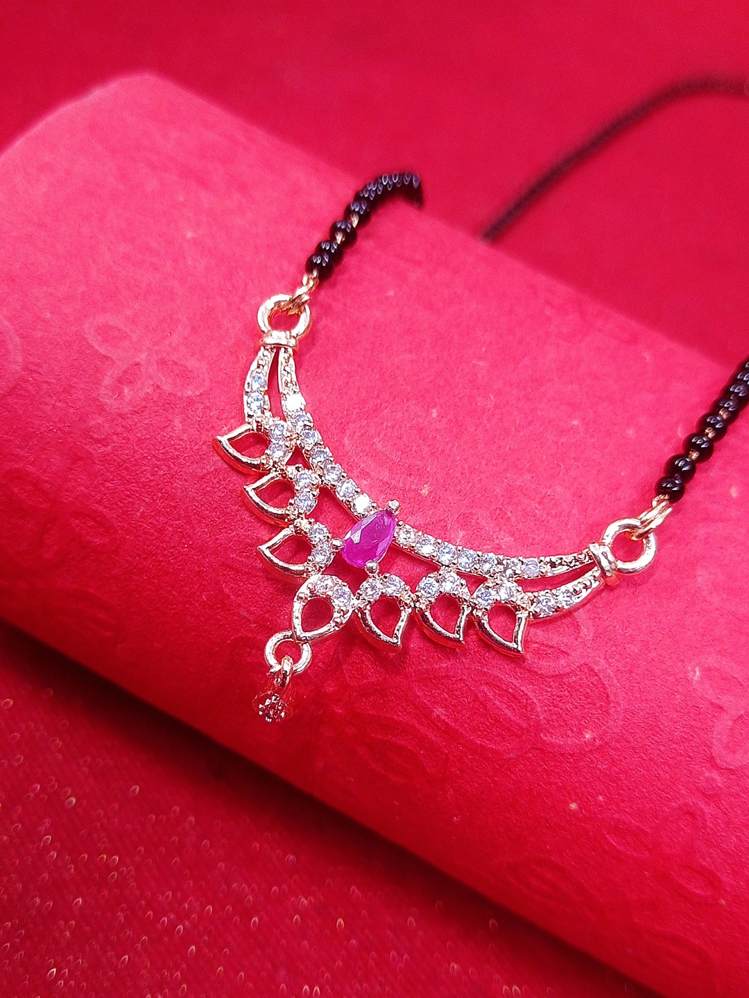 

OOMPH Women Purple & White Gold Plated Stone & Bead Studded Mangalsutra, Rose gold