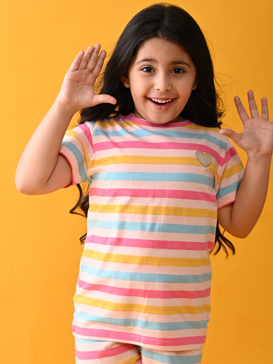 

Anthrilo Girls Pink & Yellow Striped Pure Cotton Night suit