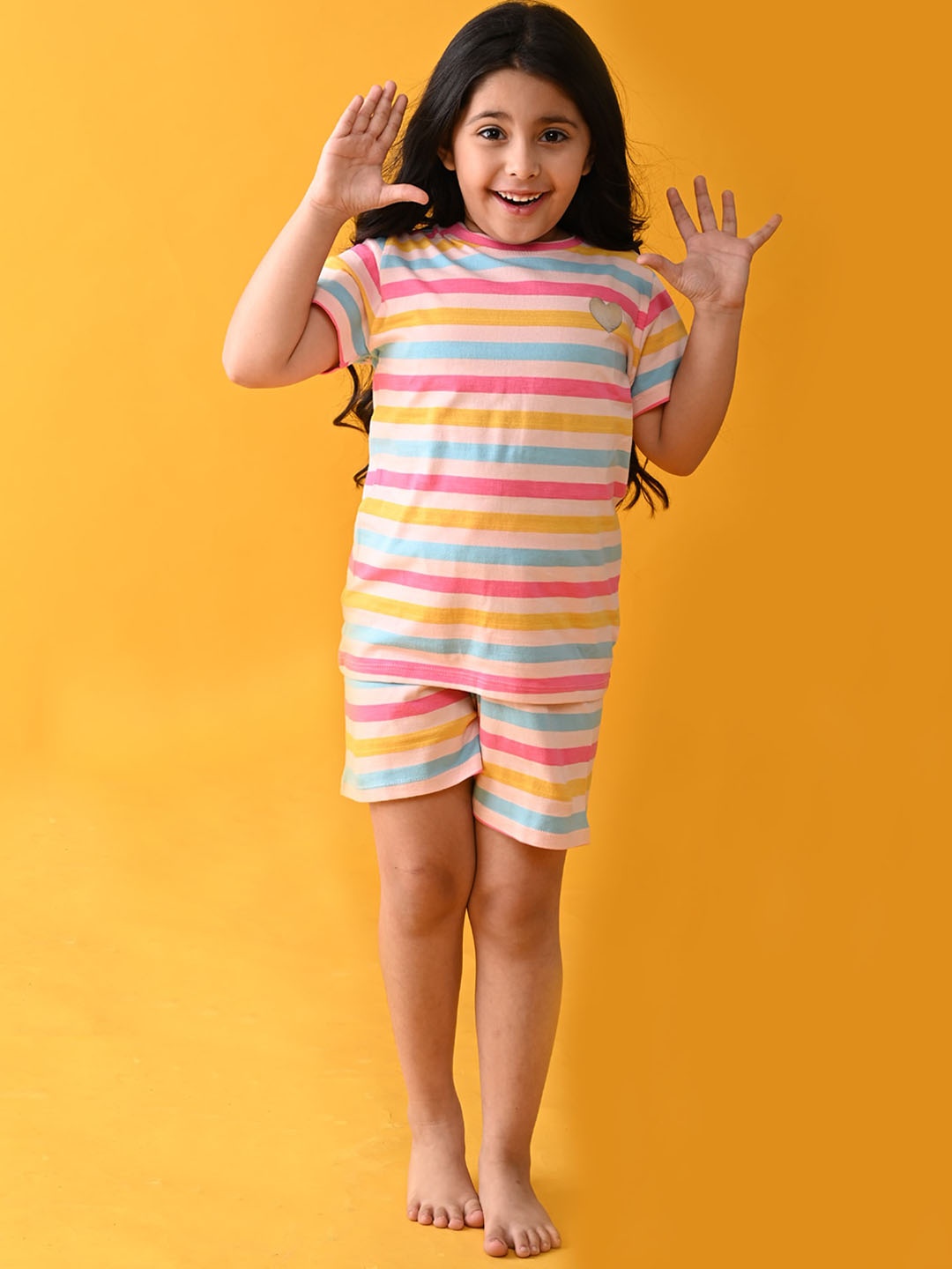 

Anthrilo Girls Pink & Yellow Striped Pure Cotton Night suit