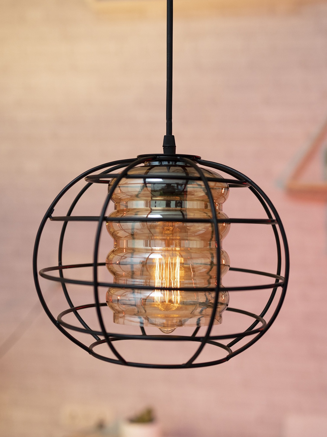 

Homesake Black Spherical Cage Glass Hanging Pendant Lamp