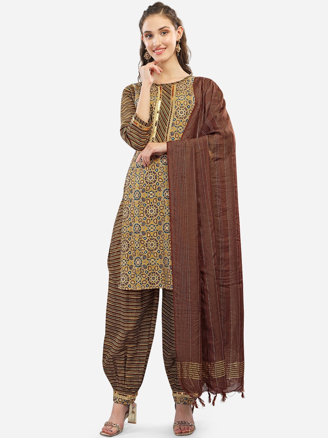

GUFRINA Women Mustard Yellow Ethnic Motifs Printed Kurta with Salwar & With Dupatta